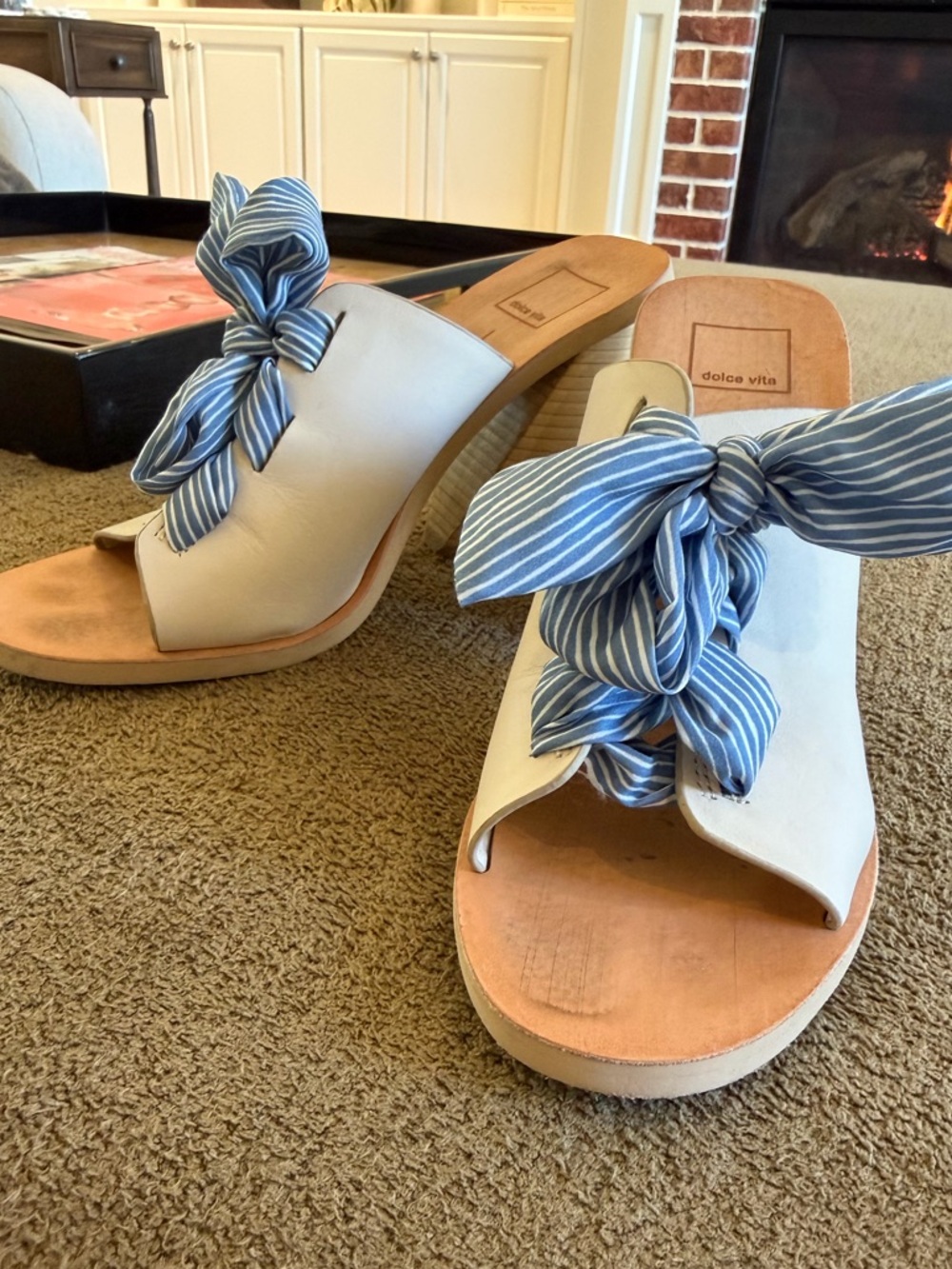 Dolce Vita Amber Heeled Sandal - Cream w Blue Striped Ribbon - Size 10 - EUC - Picture 2 of 7